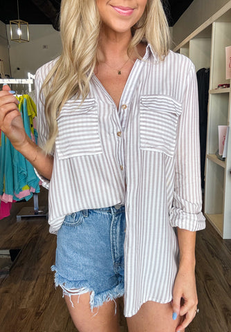 Everyday Love Striped Button Down Top, Mocha