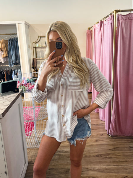 Everyday Love Striped Button Down Top, Mocha
