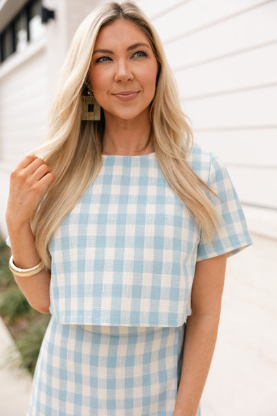 Gingham Short Sleeve Crop Top, Light Blue