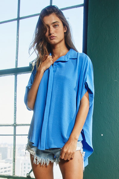 Down to Business High Low Button Up Blouse, Cobalt Blue