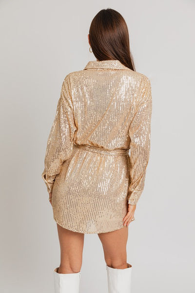 Pop The Champagne Sequin Shirt Dress, Gold