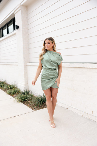 Wrap Hem Satin Mini Dress, Green