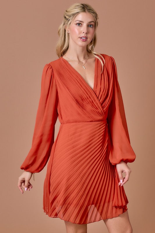 Pleated Long Sleeve Dress, Rust