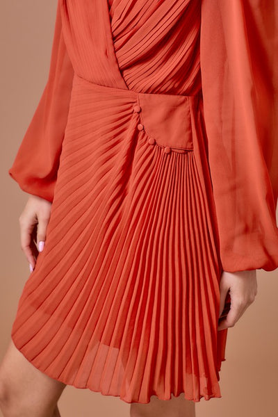 Pleated Long Sleeve Dress, Rust