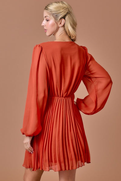 Pleated Long Sleeve Dress, Rust