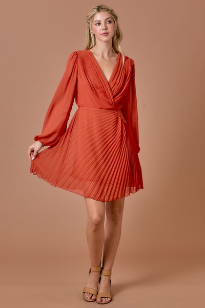 Pleated Long Sleeve Dress, Rust