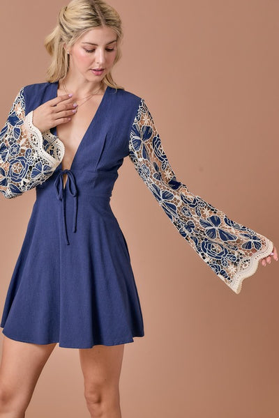 Embroidered Bell Sleeve Dress, Navy