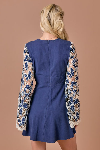 Embroidered Bell Sleeve Dress, Navy