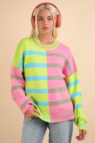 Colorblock Oversized Striped Sweater, Lime