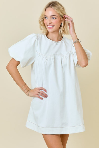 Denim Puff Sleeve Dress, Off White