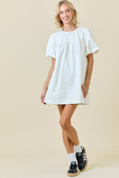 Denim Puff Sleeve Dress, Off White