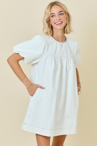 Denim Puff Sleeve Dress, Off White