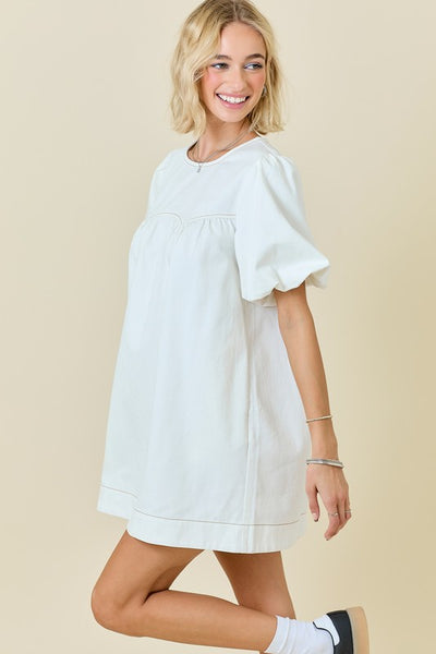 Denim Puff Sleeve Dress, Off White