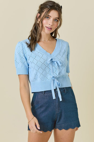 V-Neck Tie Sweater Top, Baby Blue