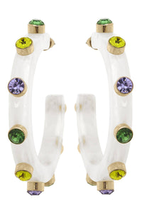 Mardi Gras Marbled Resin & Rhinestone Hoop Earrings