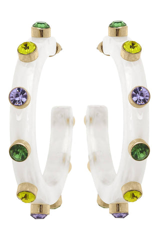 Mardi Gras Marbled Resin & Rhinestone Hoop Earrings