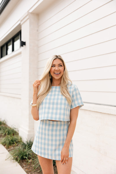 Gingham Short Sleeve Crop Top, Light Blue