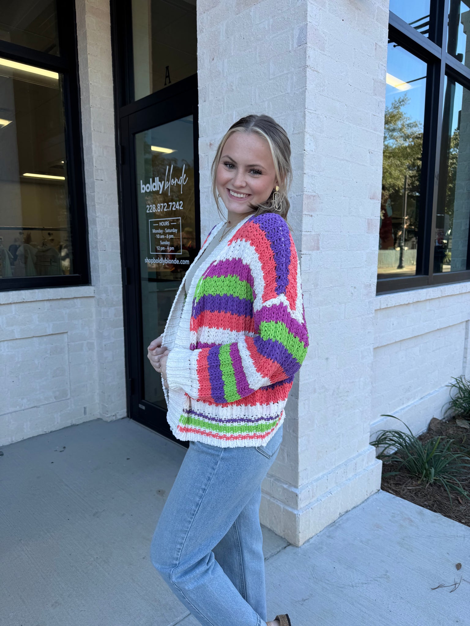 Balloon Sleeve Colorful Stripe Cardigan