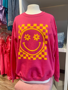 Happy Flower Checkered Sweatshirt, Pink/Orange