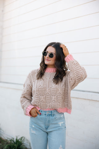 Contrast Knit Sweater, Beige/Pink