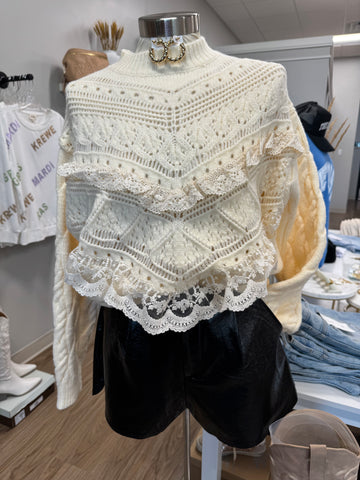 Lace Trim Sweater, Cream