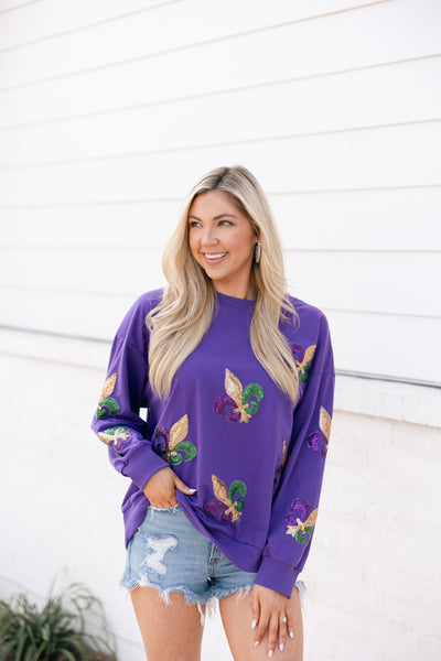 Fleur De Lis Patch Pullover, Purple