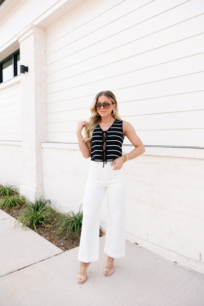 Striped Front Tie Sweater Top