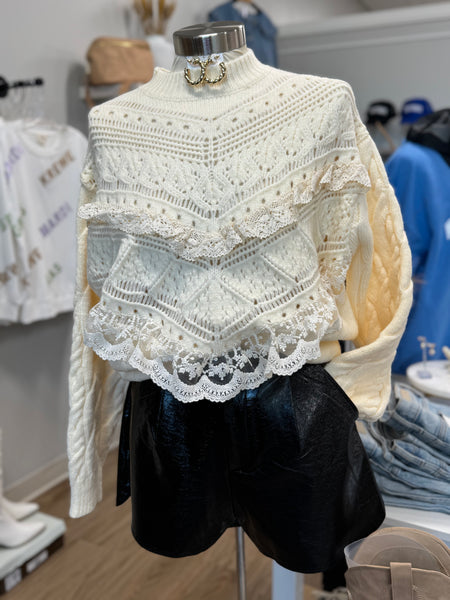 Lace Trim Sweater, Cream