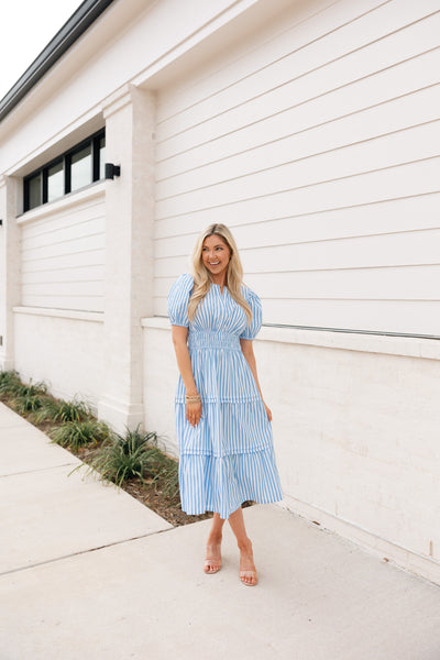 Striped Puff Sleeve Midi Dress, Blue/White