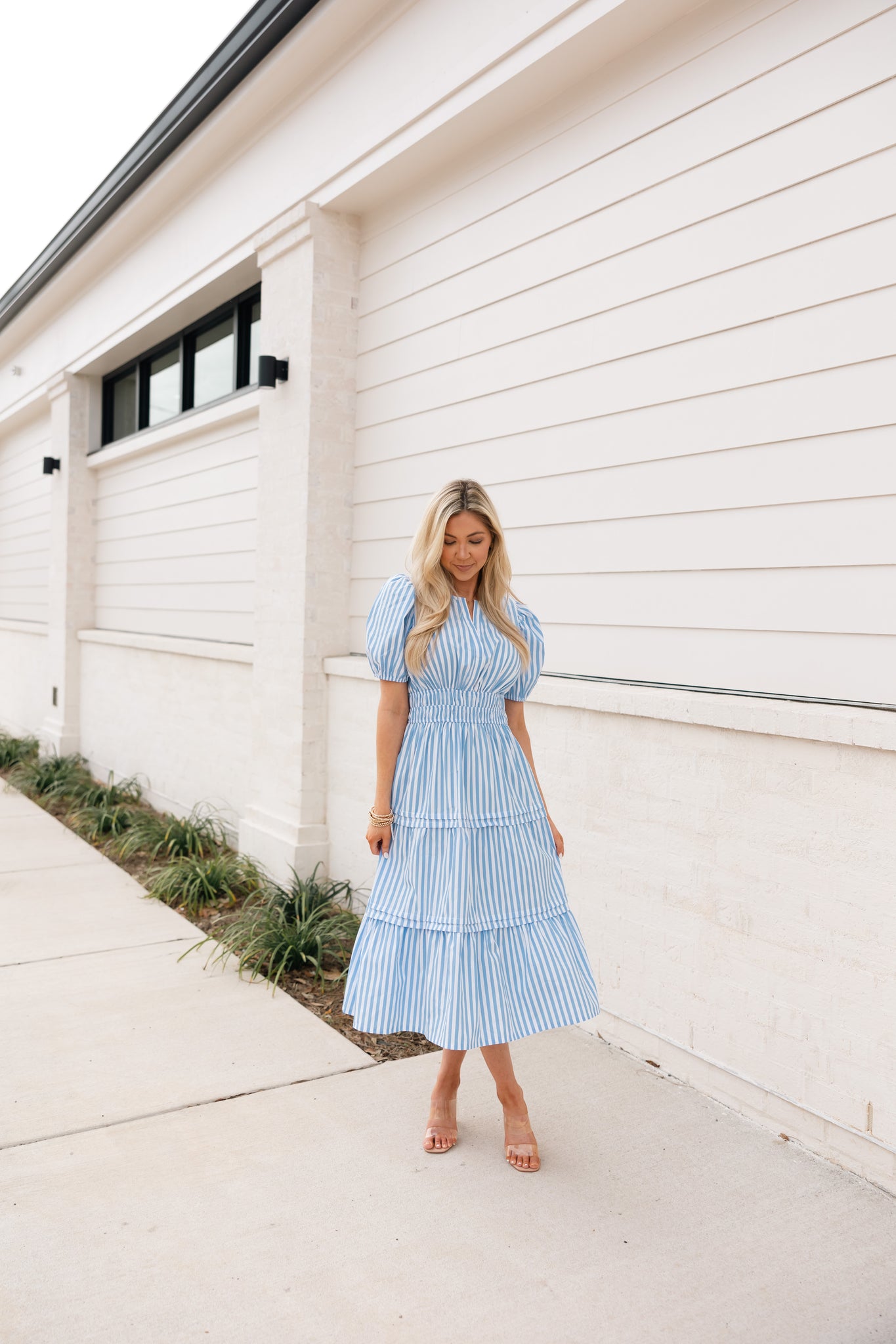 Striped Puff Sleeve Midi Dress, Blue/White