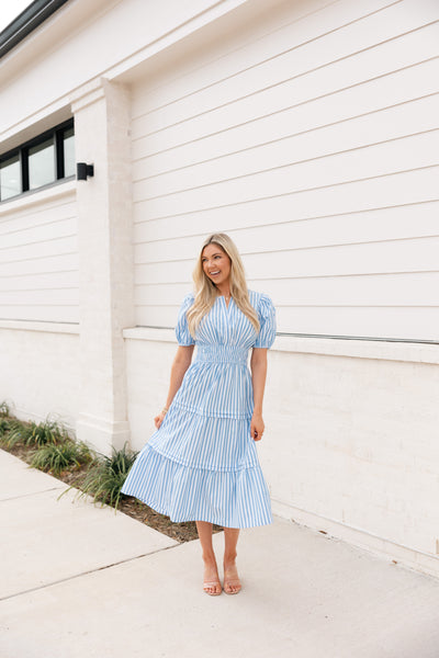 Striped Puff Sleeve Midi Dress, Blue/White