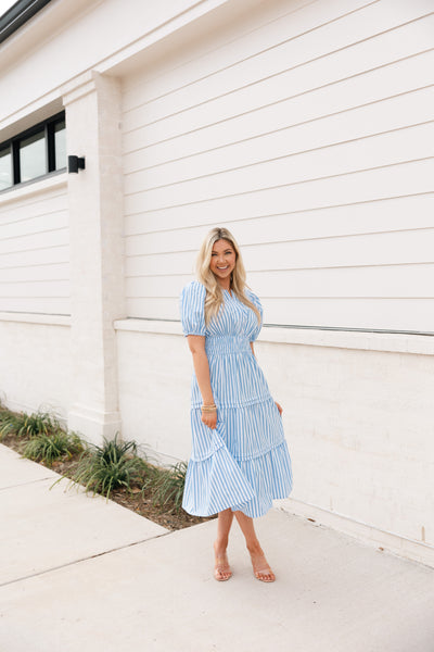 Striped Puff Sleeve Midi Dress, Blue/White