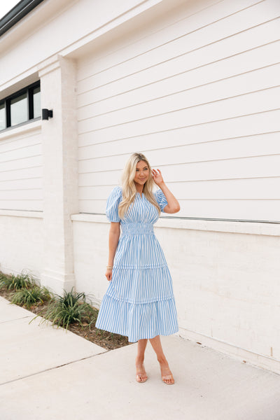 Striped Puff Sleeve Midi Dress, Blue/White