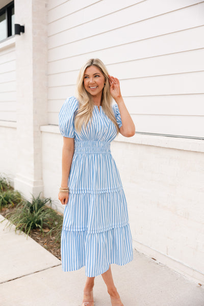 Striped Puff Sleeve Midi Dress, Blue/White