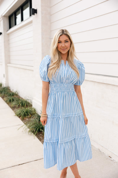 Striped Puff Sleeve Midi Dress, Blue/White