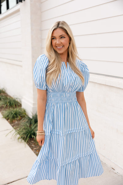 Striped Puff Sleeve Midi Dress, Blue/White