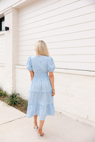 Striped Puff Sleeve Midi Dress, Blue/White