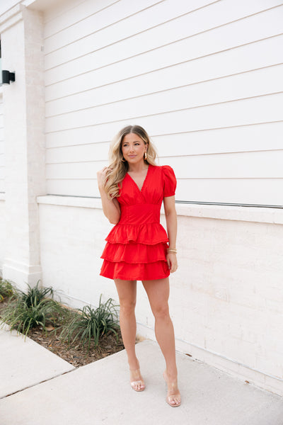 Ruffled Mini Romper Dress, Red