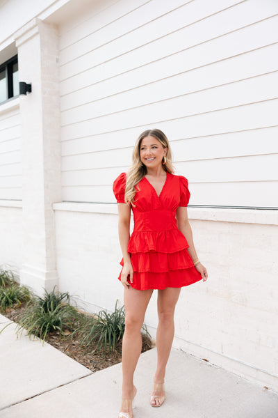 Ruffled Mini Romper Dress, Red