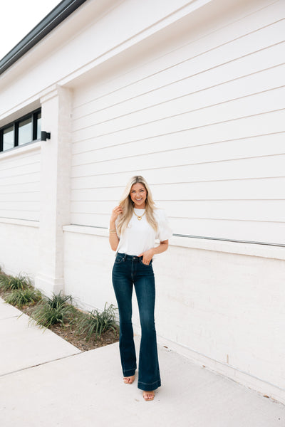 Rib Knit Top With Puff Sleeves, White