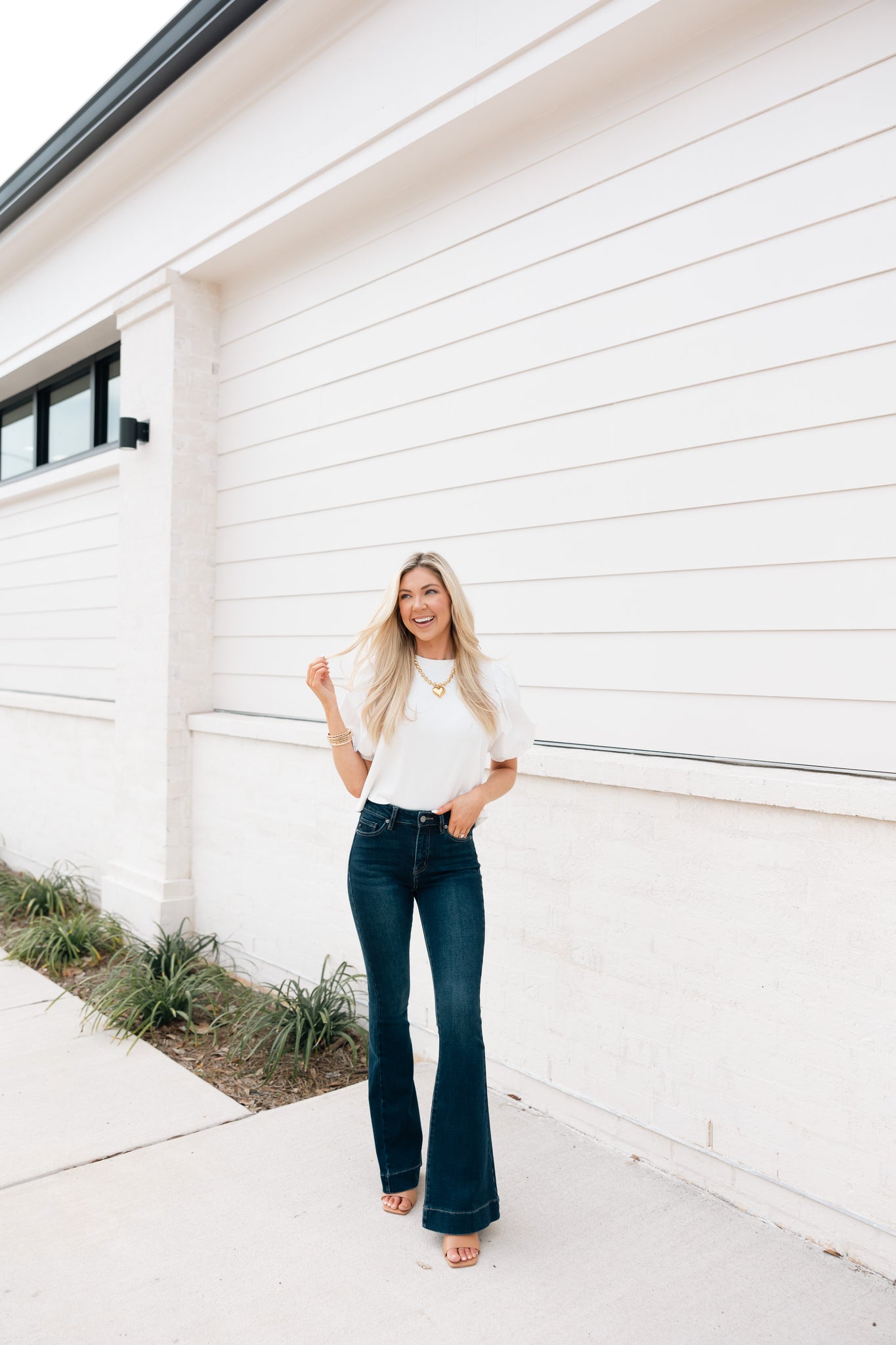 Rib Knit Top With Puff Sleeves, White