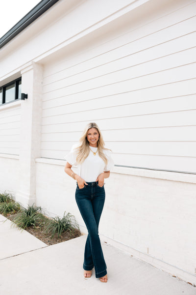 Rib Knit Top With Puff Sleeves, White