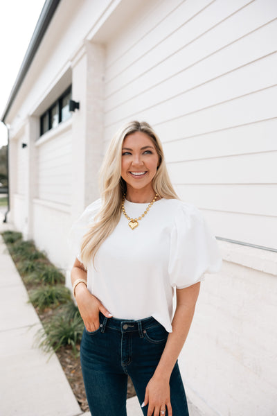 Rib Knit Top With Puff Sleeves, White