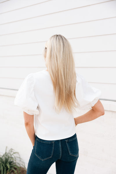 Rib Knit Top With Puff Sleeves, White