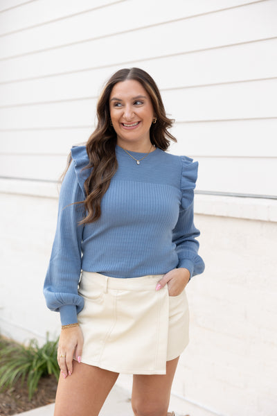 Ruffle Detail Sweater, Cloud Blue