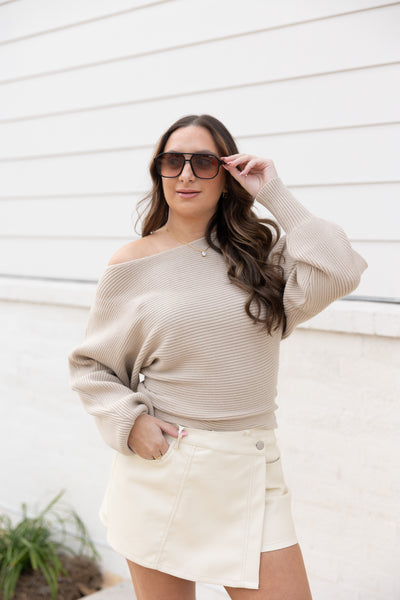 Ribbed Dolman Sleeve Sweater, Beige