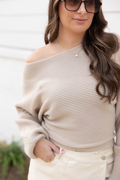 Ribbed Dolman Sleeve Sweater, Beige