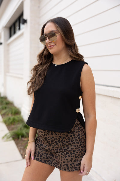 Knit Top with Side Buttons, Black