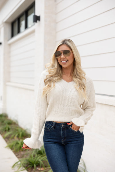 Flutter Sleeve Sweater, Ivory