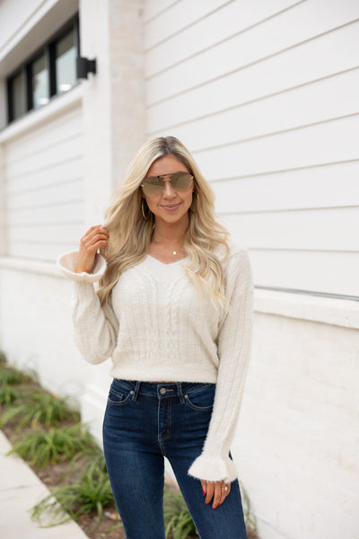 Flutter Sleeve Sweater, Ivory